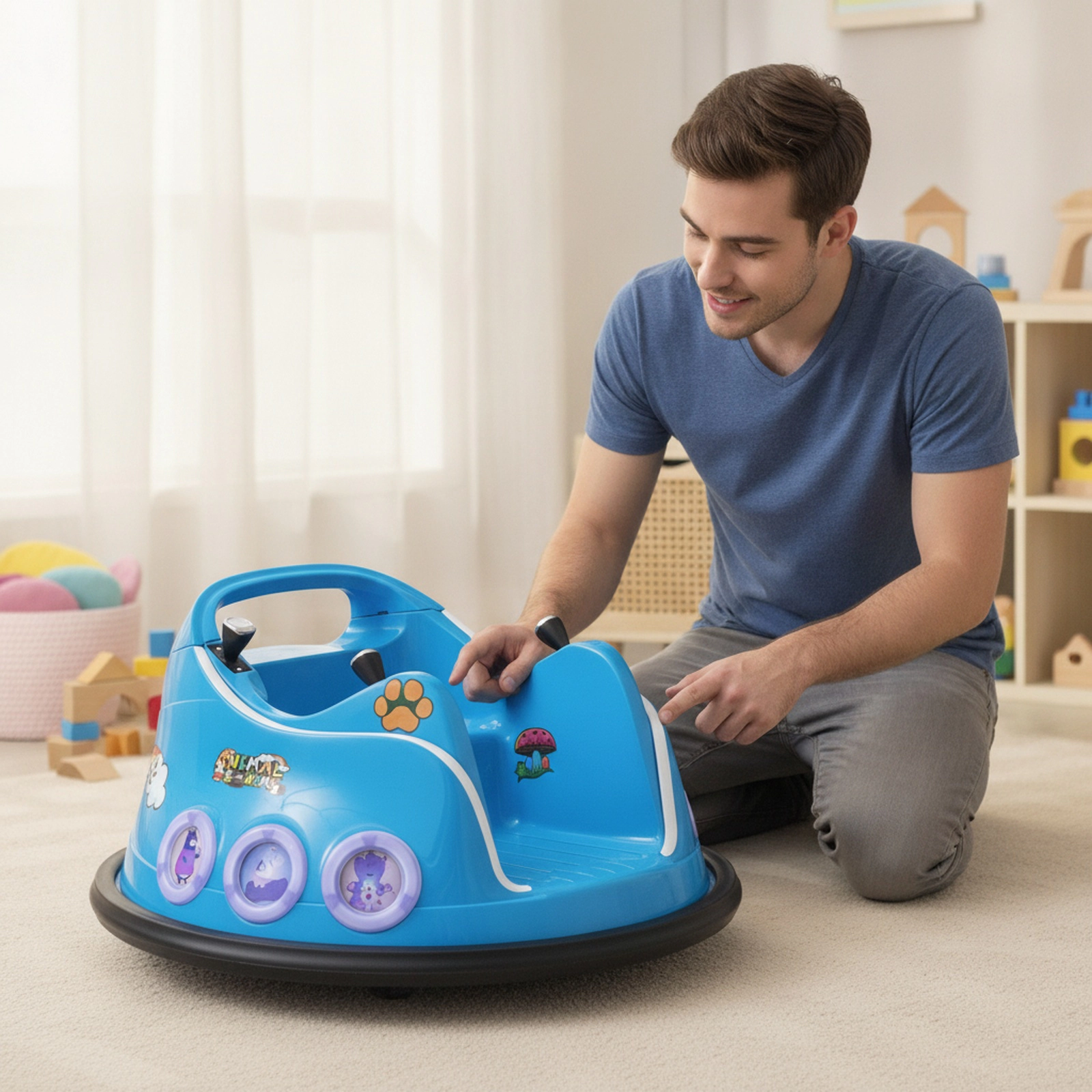 12V Kids Bumper Car Parent Remote 360-Degree Spin Dual Joysticks and LED Lights Electric Ride On Toy Ages 3-8 Navy