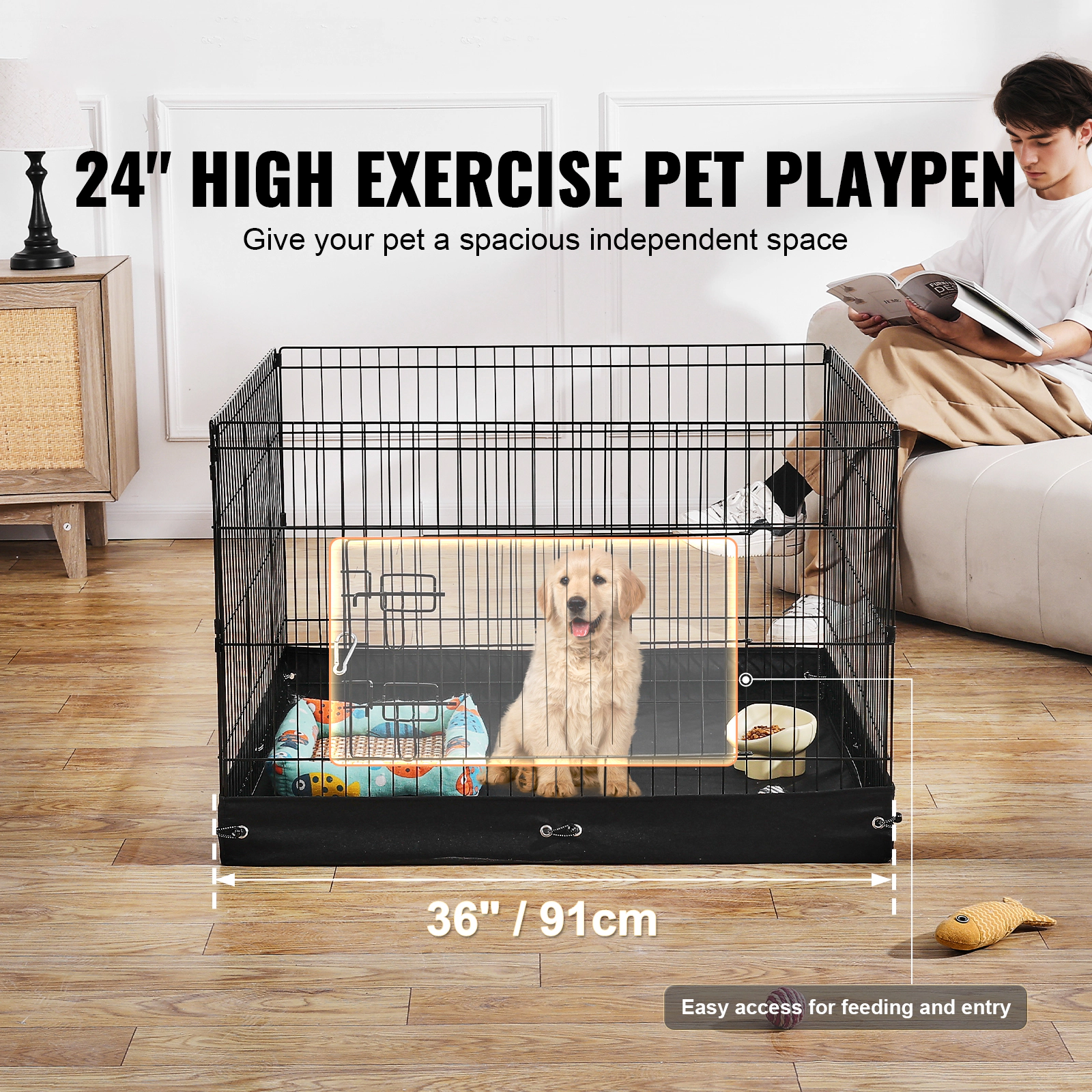 HONGGE 4-Panel Foldable Metal Dog Playpen with Door, 36 x 36 in Exercise Pen, 24 in Tall, Small to Medium Pets
