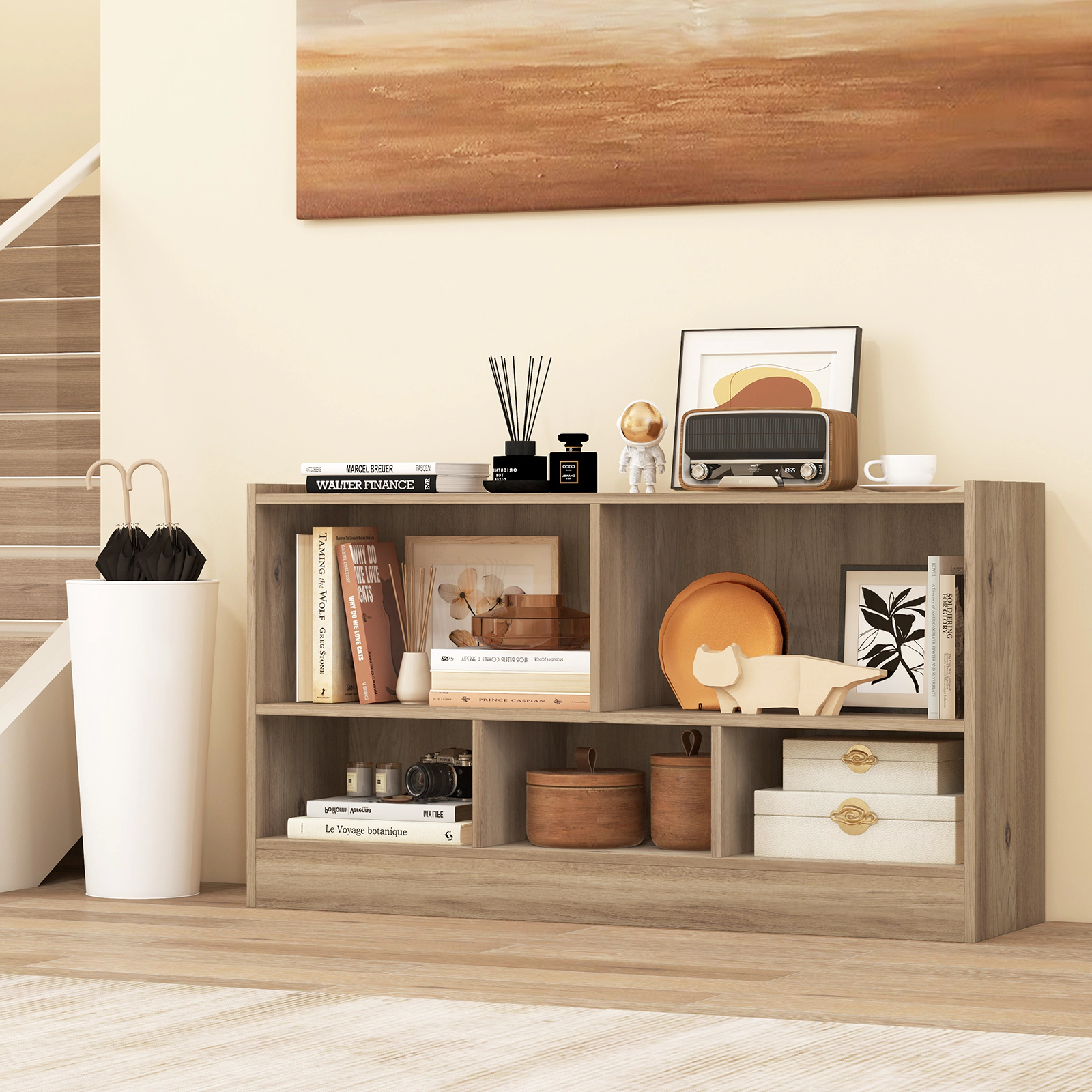 SUGIFT Kids 2-Shelf 5-Cube Wood Toy Storage Bookcase Organizer 132-lb Top Capacity Natural