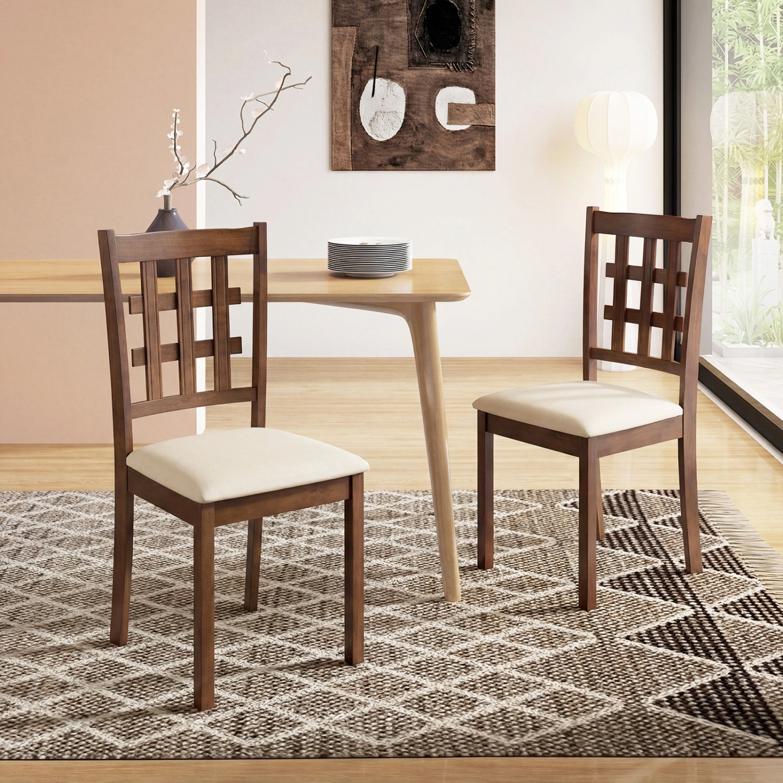 SUGIFT Set of 2 Wood Kitchen Chairs with Faux Leather Upholstered Seat 330-lb Capacity Walnut + Beige