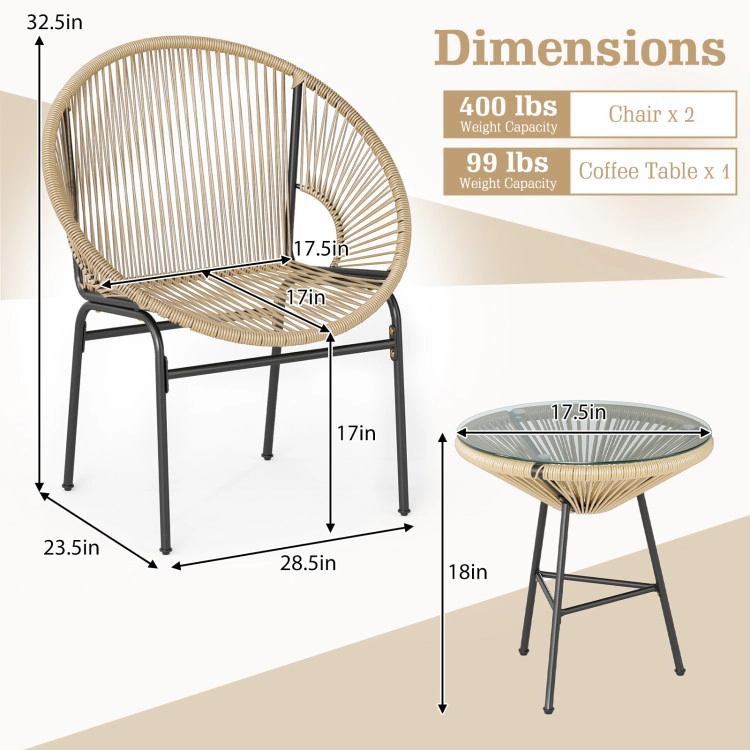 Hivvago 3 Pieces Patio Acapulco Furniture Bistro Set With Glass Table