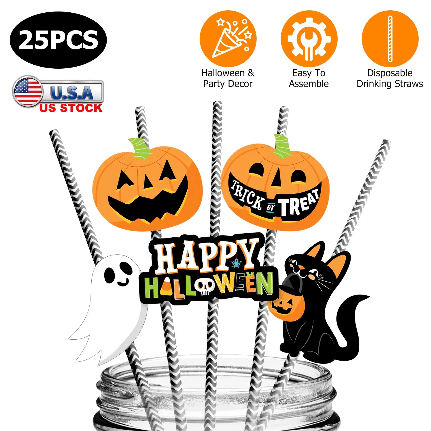 GBruno 24-Piece Halloween Paper Straws With Decor Cards