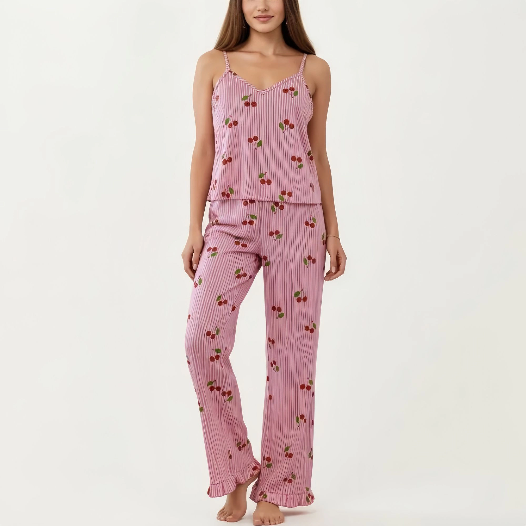 Anna-Kaci Women's 2-Piece Pajama Cami Top with Adjustable Straps and Relaxed Fit Pants Printed Sleepwear Set