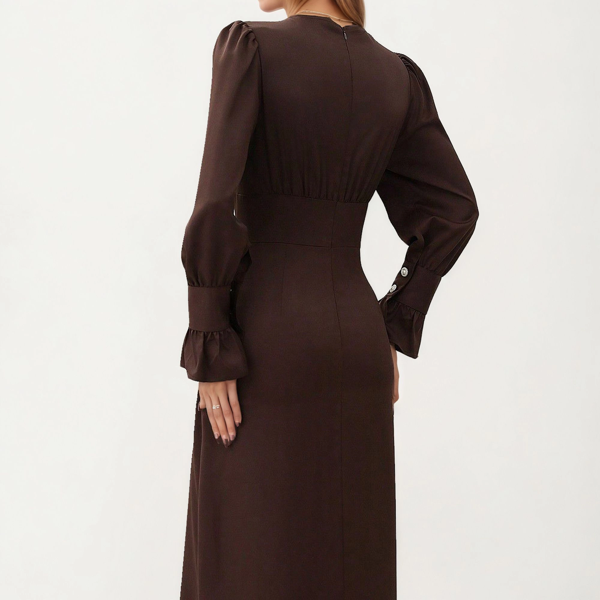Anna-Kaci Women's Long Sleeve V Neck Button Accent Flared Cuff Midi Dress