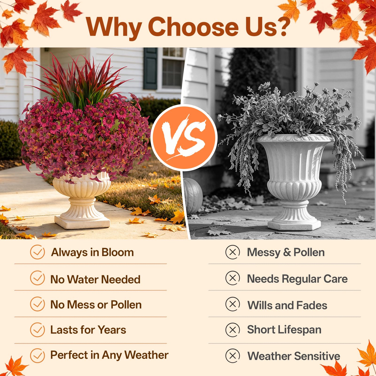 PUPWE 18 Artificial Fall Flowers For Outdoors  Faux Mums With Grass