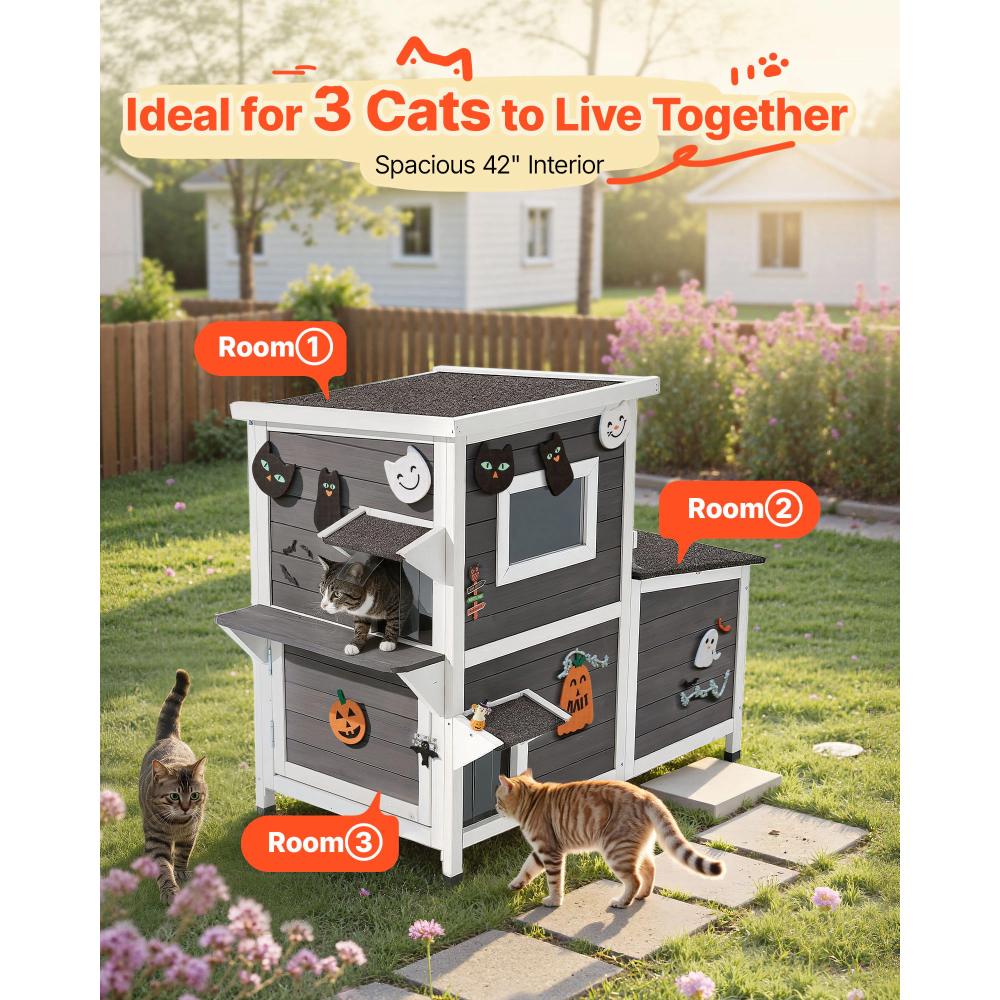 HONGGE Outdoor Wooden Cat House Shelter for Feral Cats in Winter with Waterproof Roof