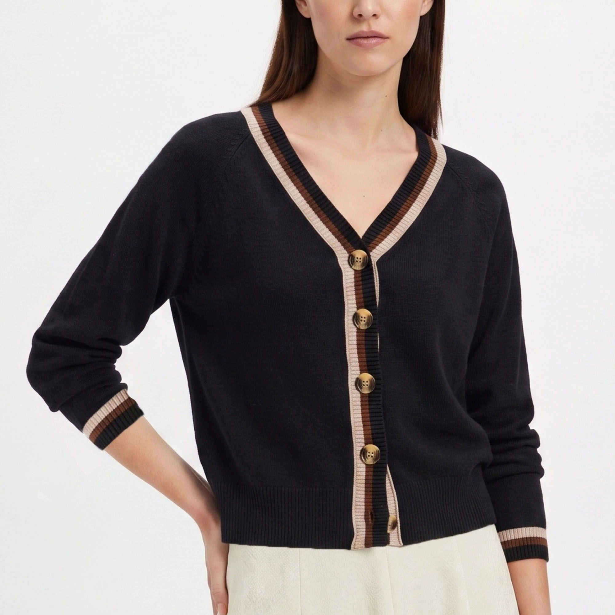 Anna-Kaci Women's Contrast Stripe V-Neck Button-Front Knit Cardigan