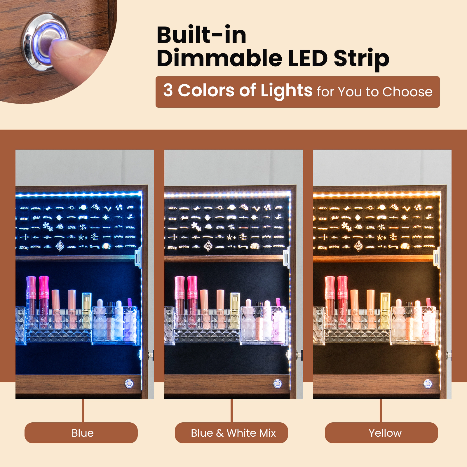 Slickblue 59.5 Inch Freestanding Lockable Jewelry Cabinet with Full-Length Mirror and Dual LED Lights