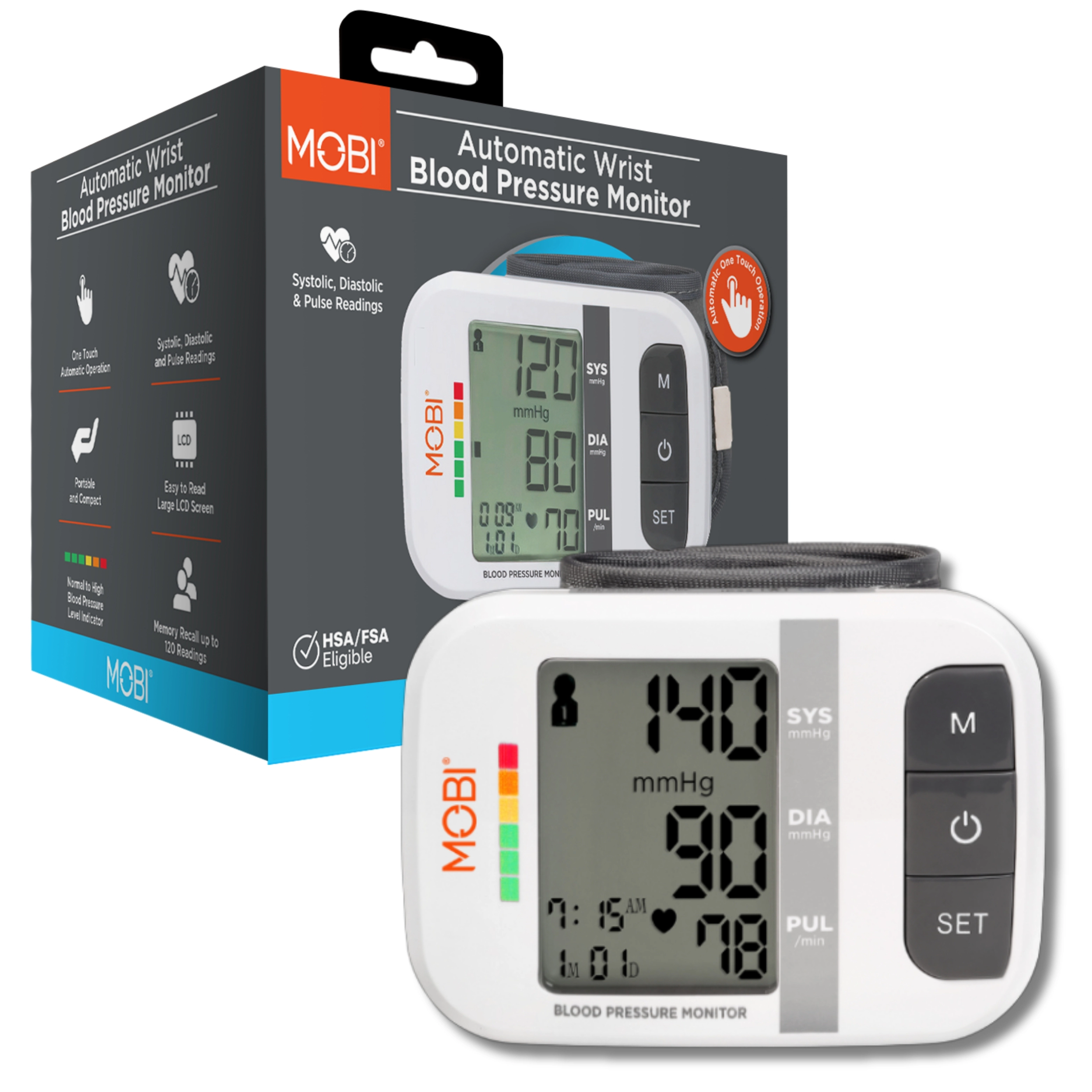 MOBI Wrist Blood Pressure Monitor with Large LCD & Auto Memory