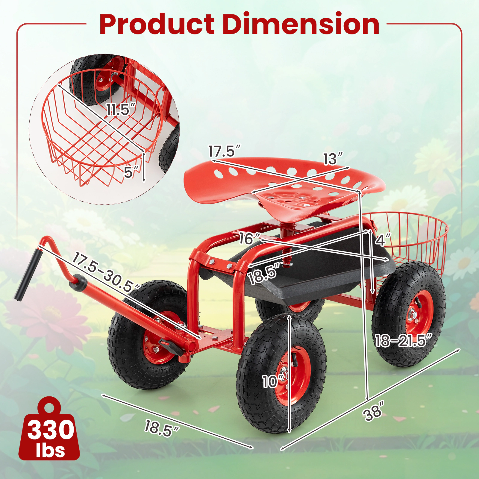 SUGIFT Extendable Handle Garden Cart Rolling Wagon Scooter with 10-in Wheels 330-lb Capacity Steel Frame Red