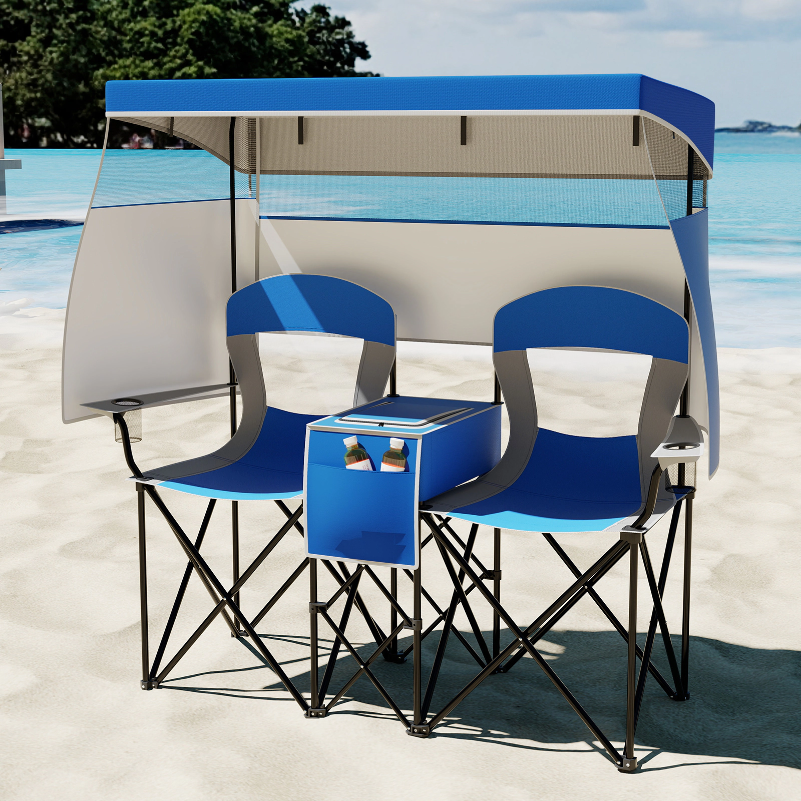 SUGIFT Double Beach Chair with Adjustable UPF50+ Canopy, Roll-Up Curtains, Cooler Pocket and Cup Holders