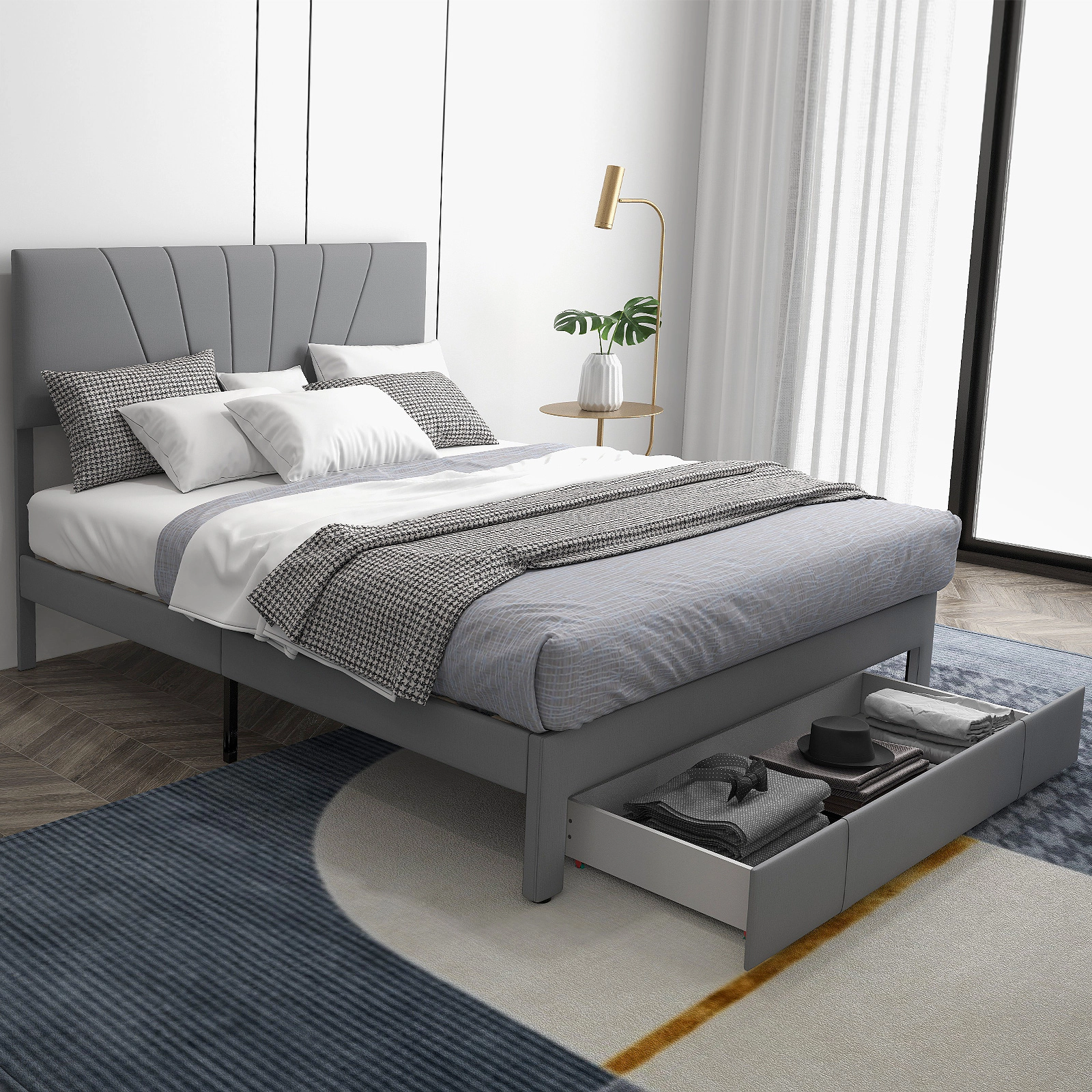 SUGIFT Queen Upholstered Platform Bed with Storage Drawer, Gray Linen Headboard