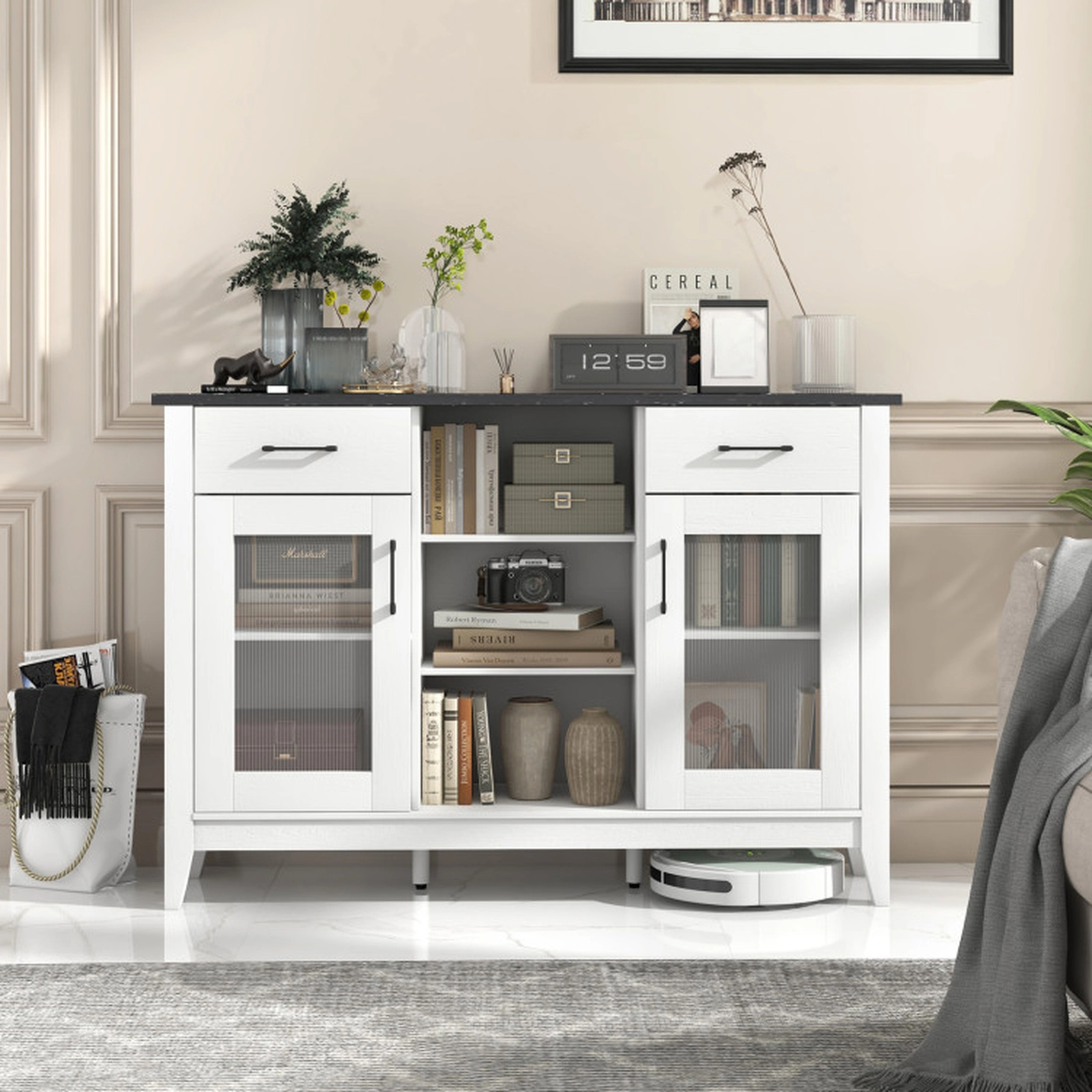 SUGIFT 2-Drawer Faux Marble Top 3 Open Cubes Glass Doors Sideboard Buffet Cabinet 52-in x 15.5-in x 35.5-in White