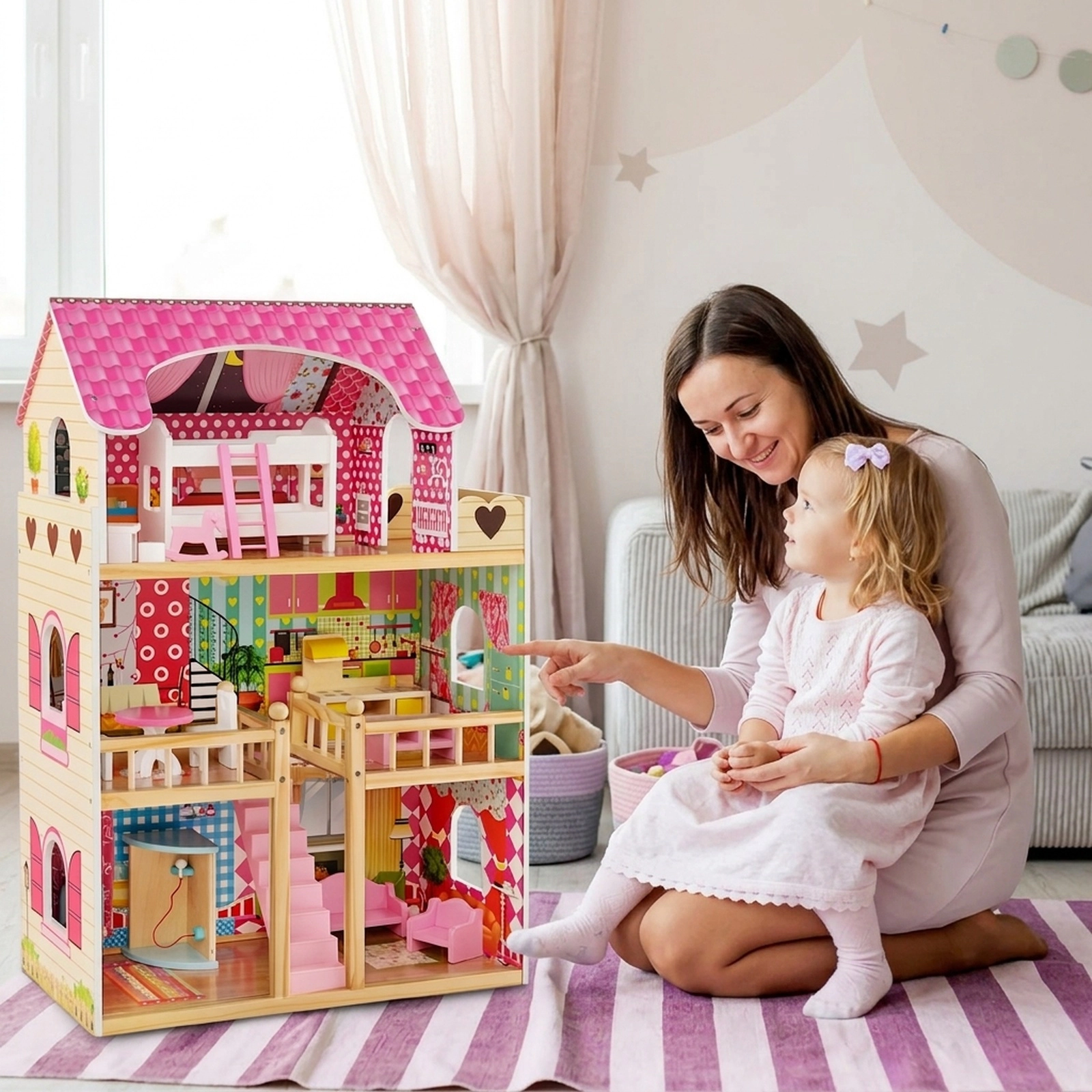Doll House Playset 3-Story with 6 Rooms and 15-pc Furniture Semi-Open Design 23-in x 12-in x 36-in Pink