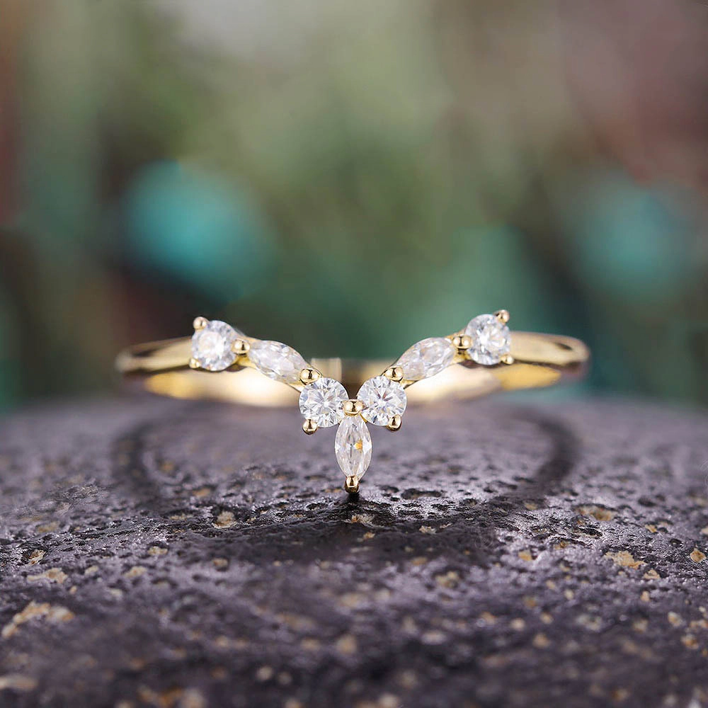 Wardrobe Whimsy V Shaped Marquise Round Cut Cubic Zirconia Stackable Ring Dainty Fashion Band