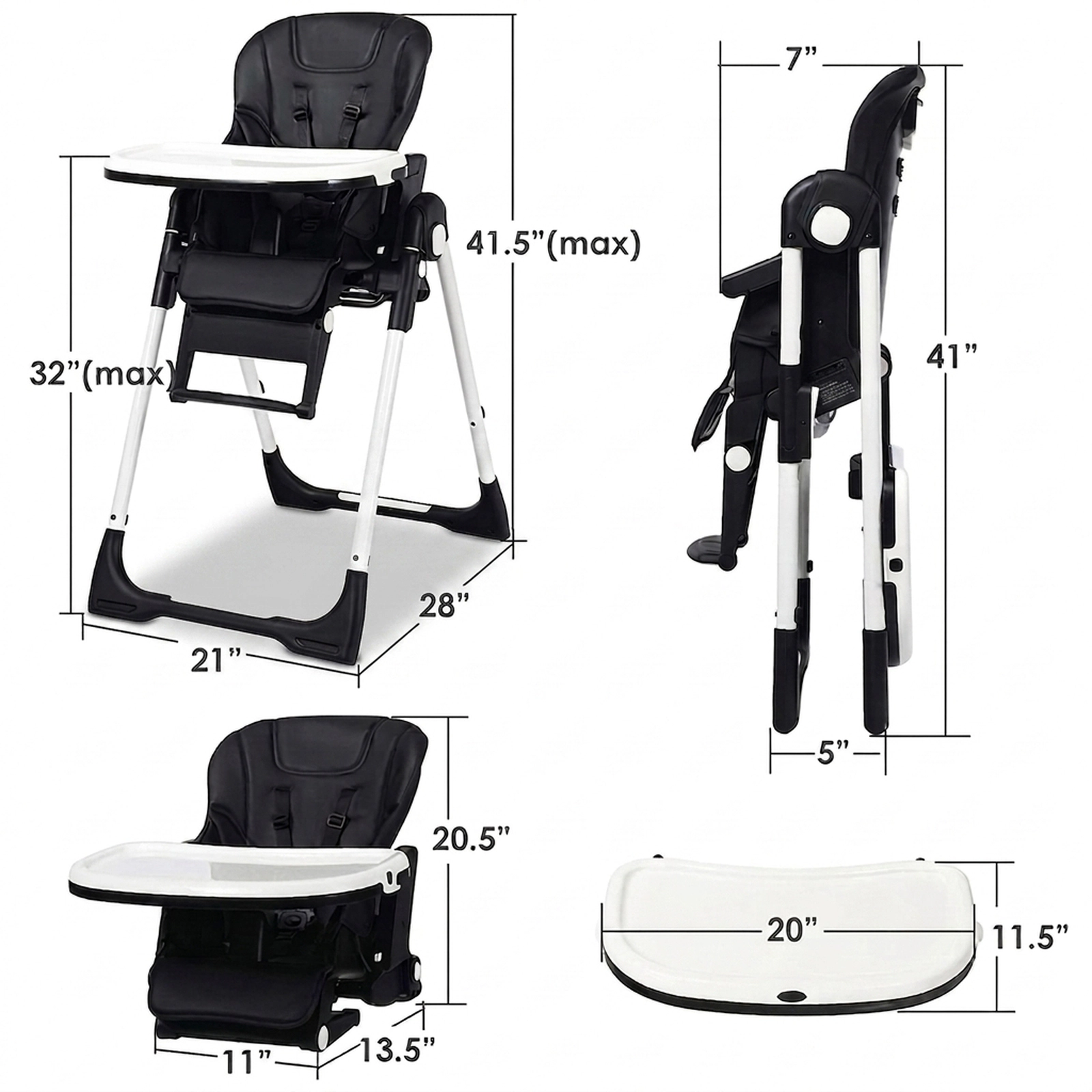 4-in-1 Baby High Chair and Booster Seat 7 Heights 5-Position Backrest Dual Feeding and Play Trays 0 to 36 Months