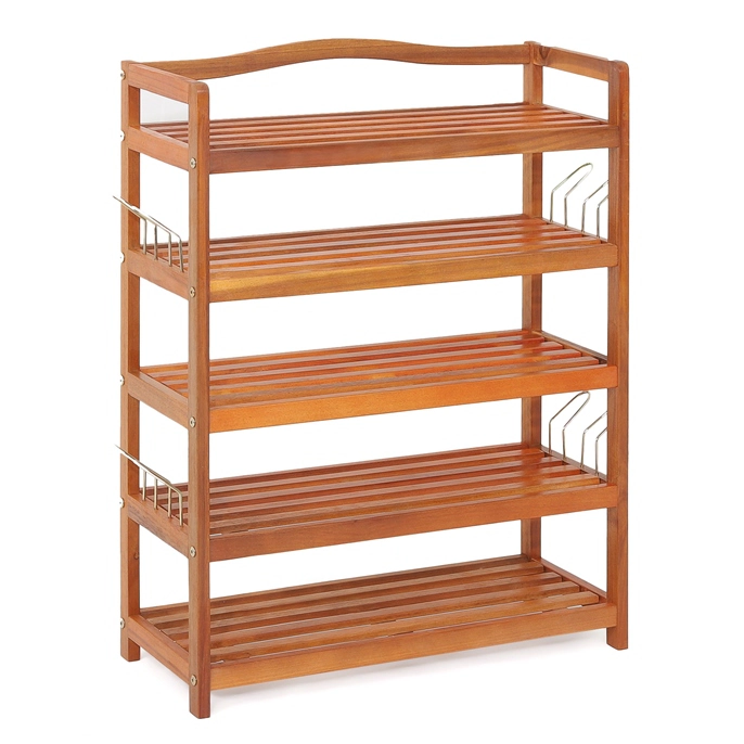 Glintex 5-Tier Acacia Wood Shoe Rack with Side Metal Hooks and Top Handle, Natural