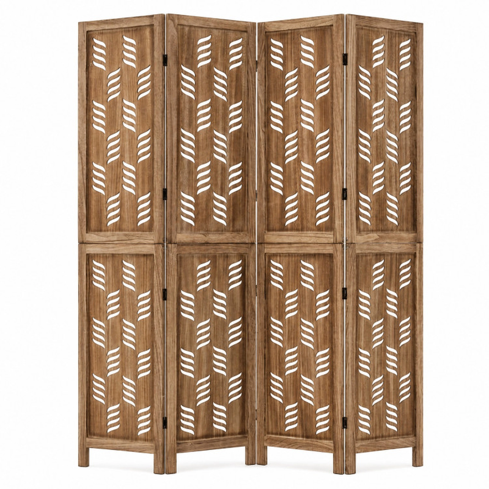 SUGIFT 4-Panel Paulownia Wood Room Divider with Wave Cutout 62 x 67 in Foldable Privacy Screen Brown White