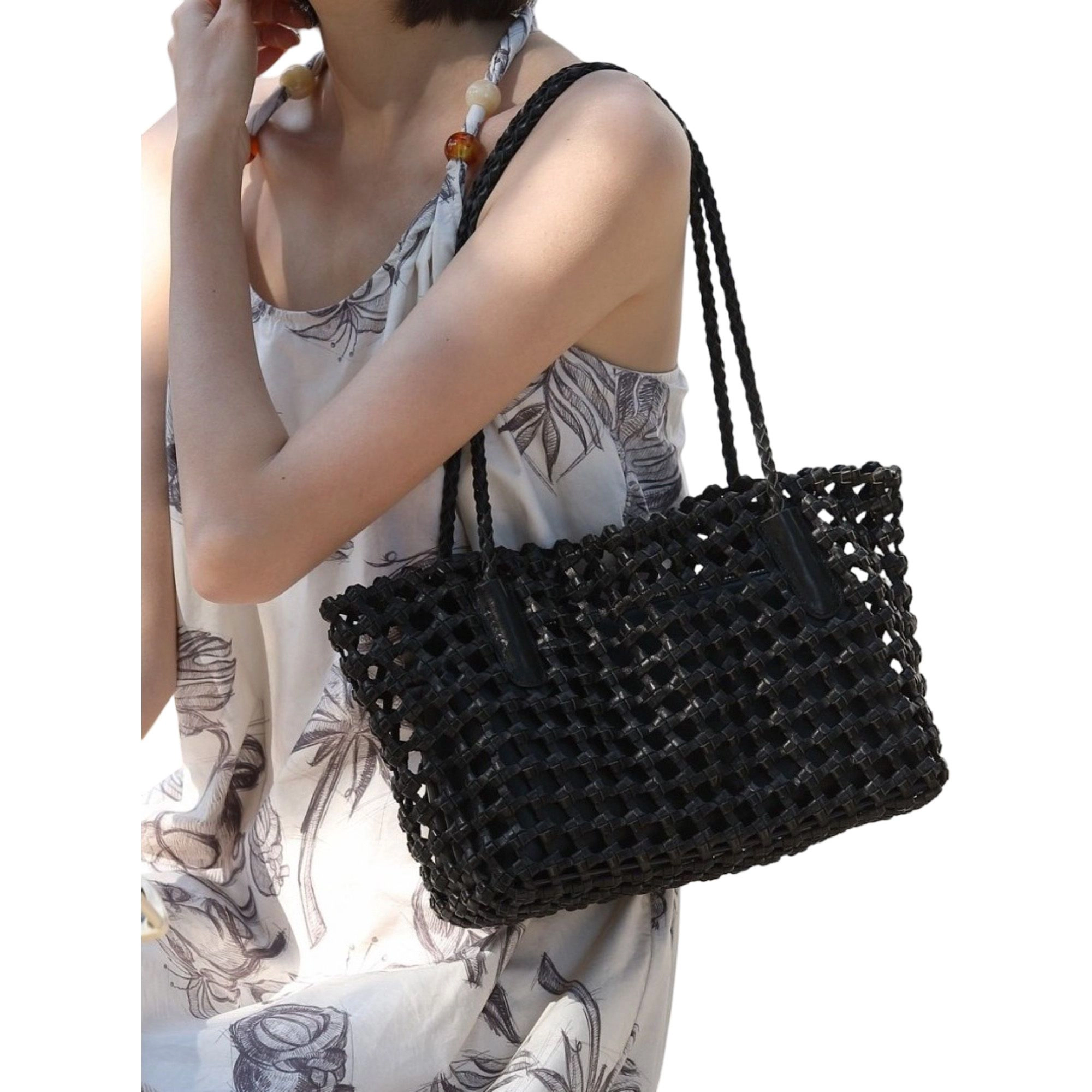 Alilang Women's Open Weave Leather Tote Bag with Braided Shoulder Straps and Interior Zip Compartment