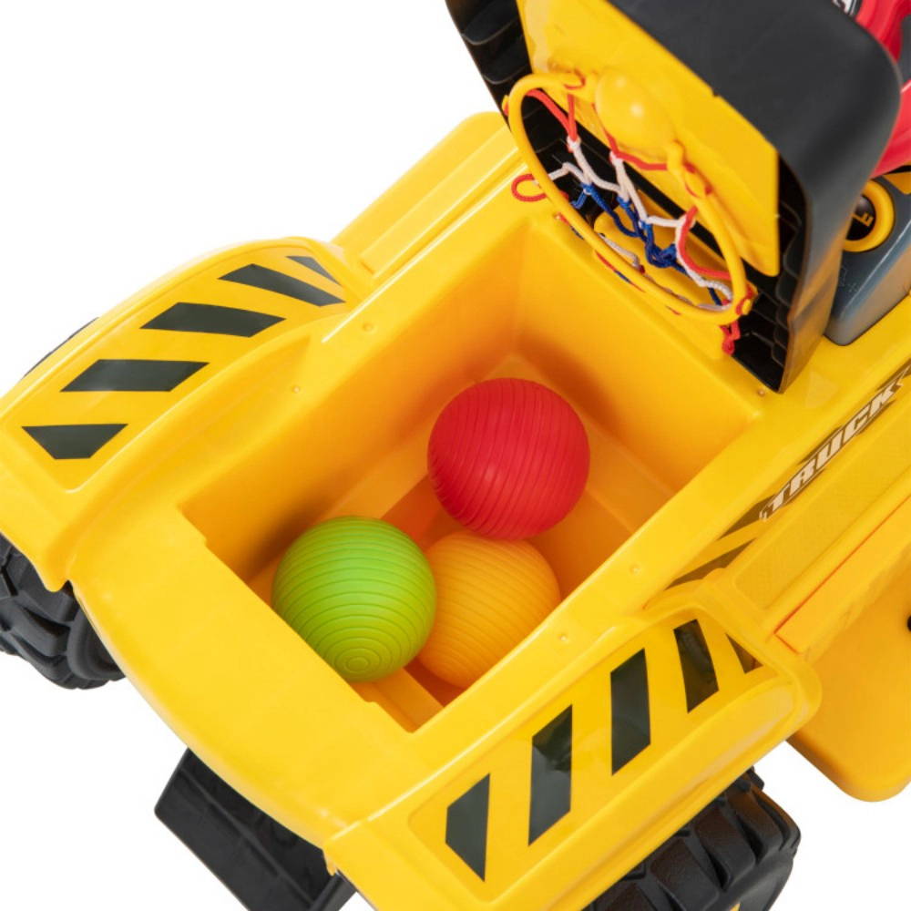 SUGIFT Yellow Folding Basketball Hoop Horn and Storage Kids 6V Ride On Excavator Digger