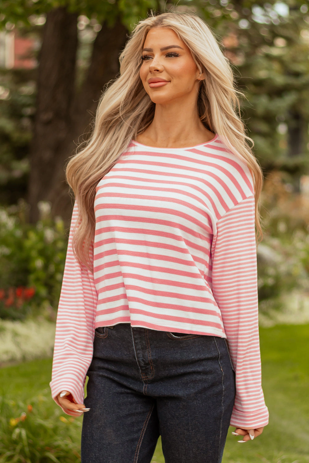 Threaded Pear Women's Lilly Textured Contrast Dropped Long Sleeve Top