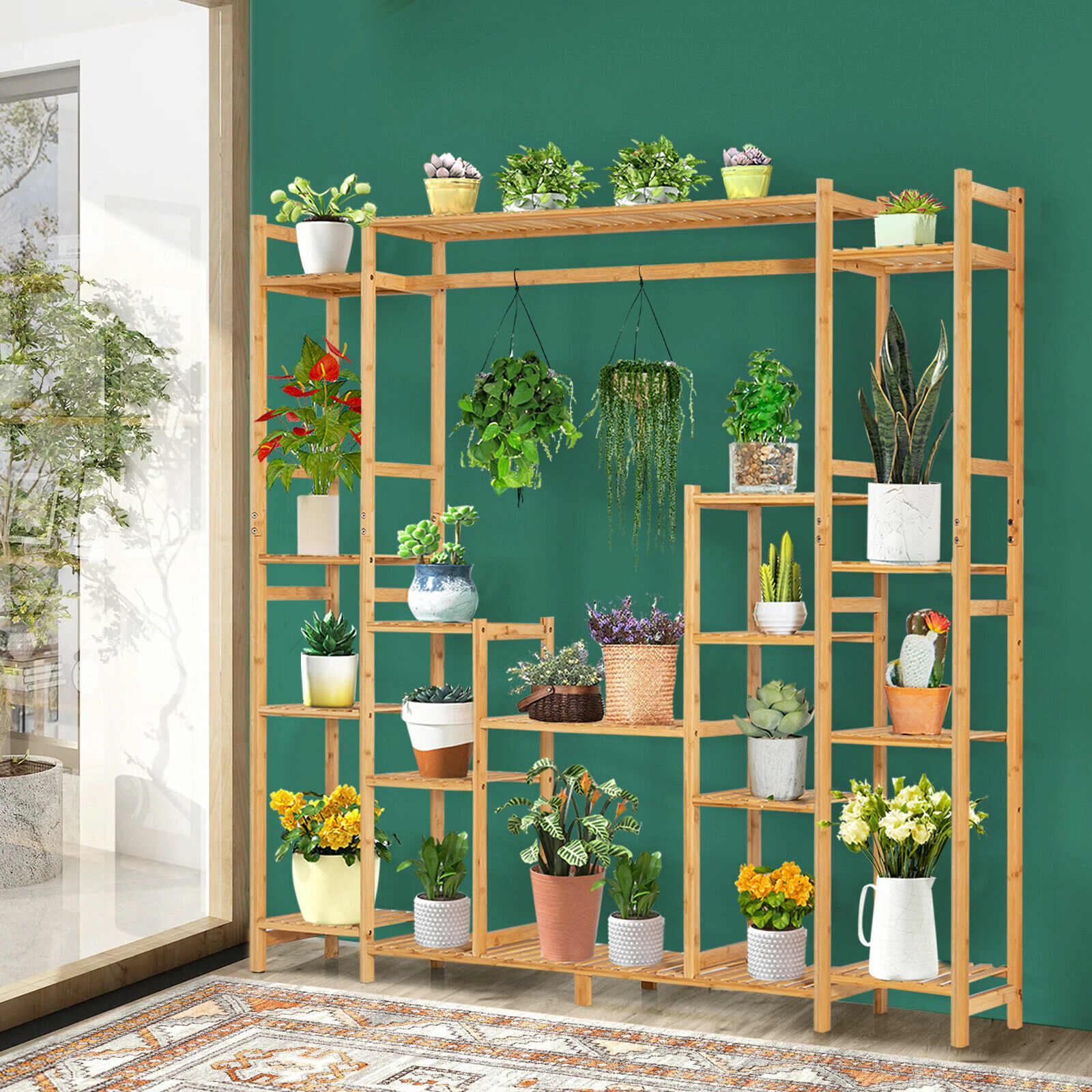 Slickblue 9-Tier Wicker Plant Stand with Hanging Rack for Indoor Outdoor Use