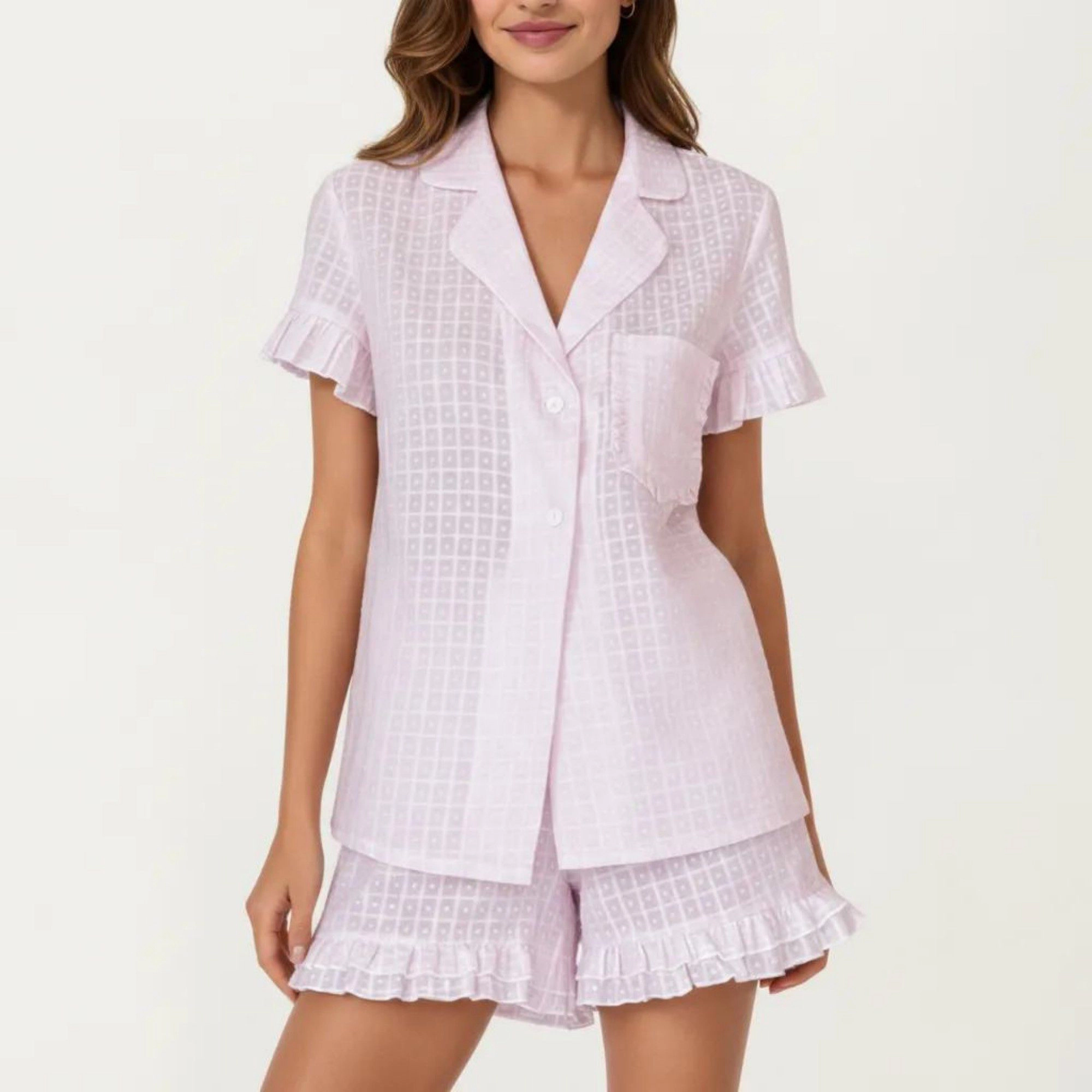 Anna-Kaci Women's 2-Piece Button Down Pajama Shirt and Shorts Short Sleeve Textured Check Printed Ruffle Trim Sleepwear