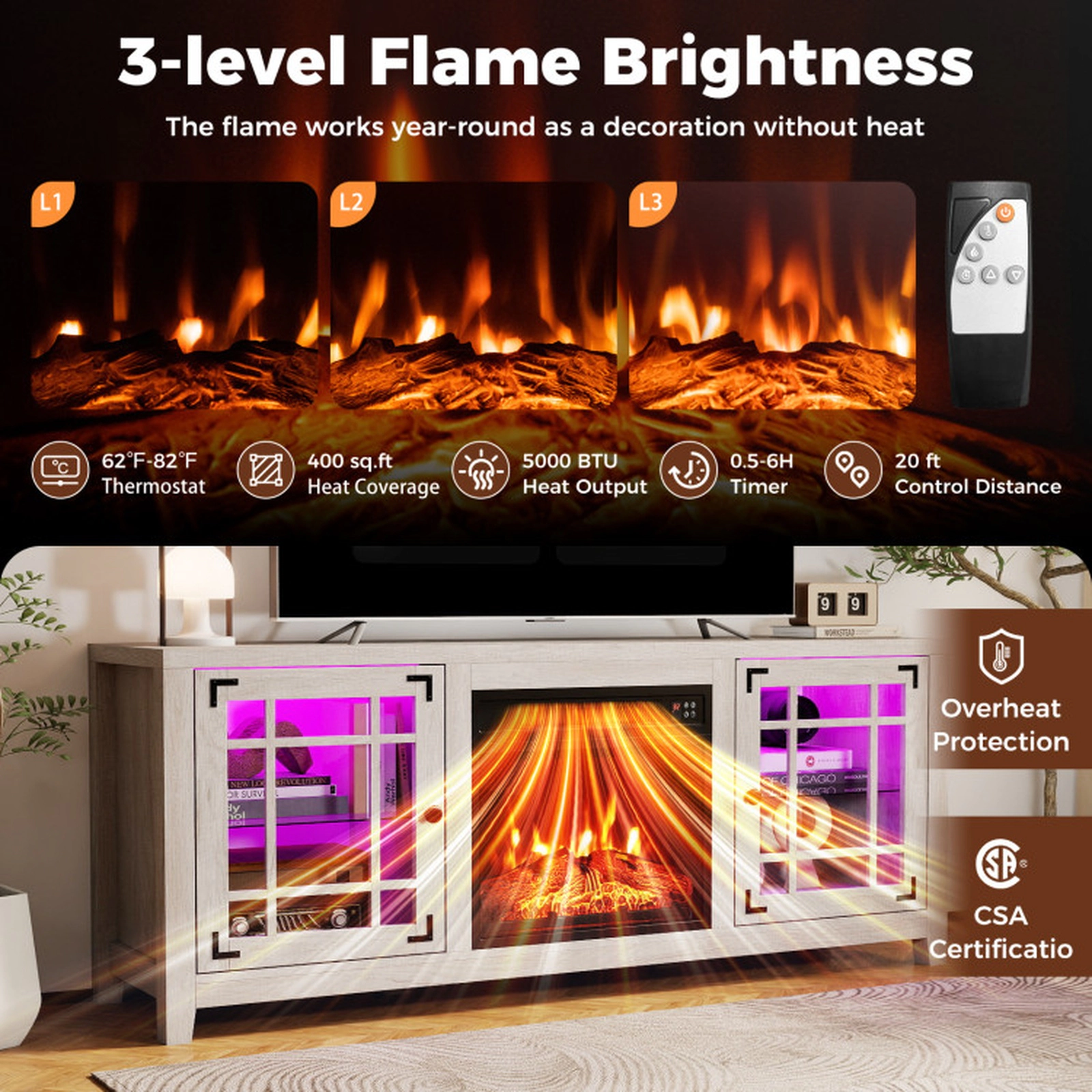 SUGIFT 1400W 18-in Electric Fireplace RGB LED Glass Doors TV Stand 58-in x 16-in x 25-in 5000 BTU 65-in TV Natural