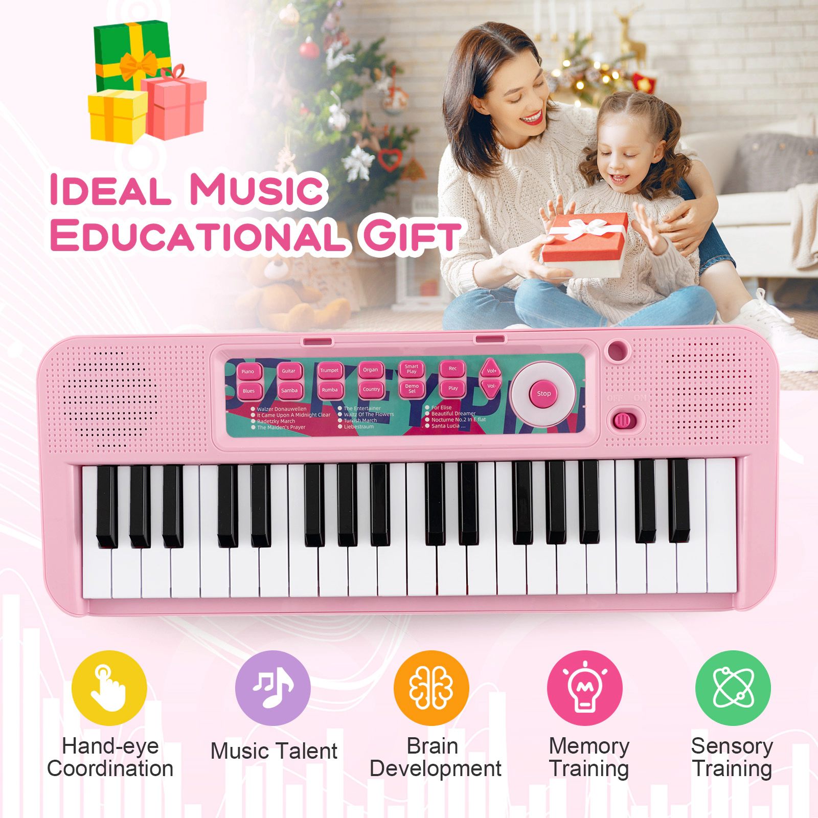 SUGIFT Pink 37-Key Kids Piano Keyboard with Adjustable Microphone Detachable Legs Stool and Music Stand