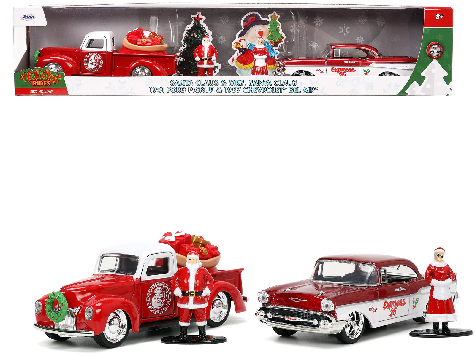 Jada 1941 Ford Pickup Truck Red And White "Santa'S Workshop" And 1957 Chevrolet Bel Air Red Metallic And White