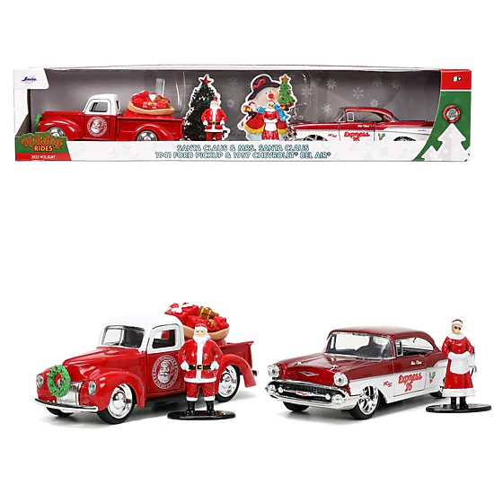 Jada Collectible 1941 Ford Pickup Truck Red And White "Santa'S Workshop" 1957 Chevrolet Bel Air Metallic