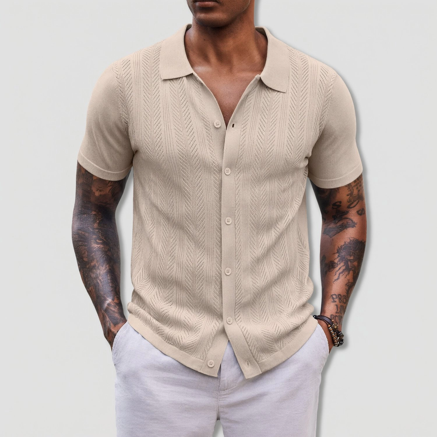 COOFANDY Mens  Short Sleeve Knit Shirt Button Down Camp Collar Textured Tops