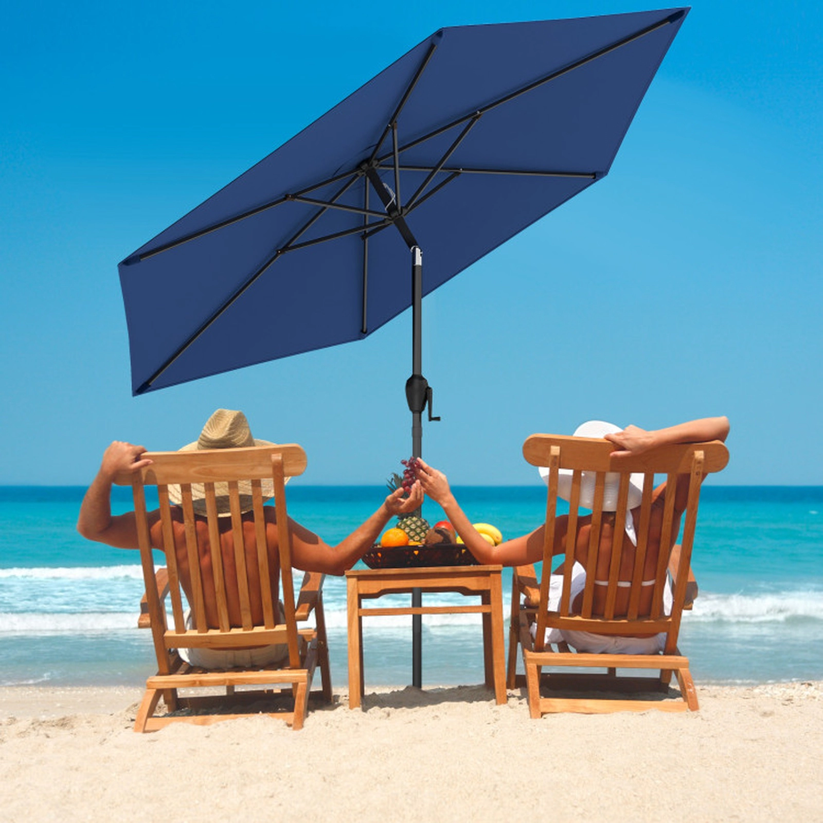 SUGIFT Navy Blue Push Button Tilt and Crank Handle 7.5 FT Outdoor Market Patio Umbrella