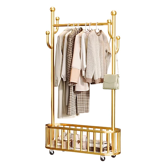 BebreezChic 315in Floor Clothes Rack with Storage Basket, Mobile, Hooks, Gold