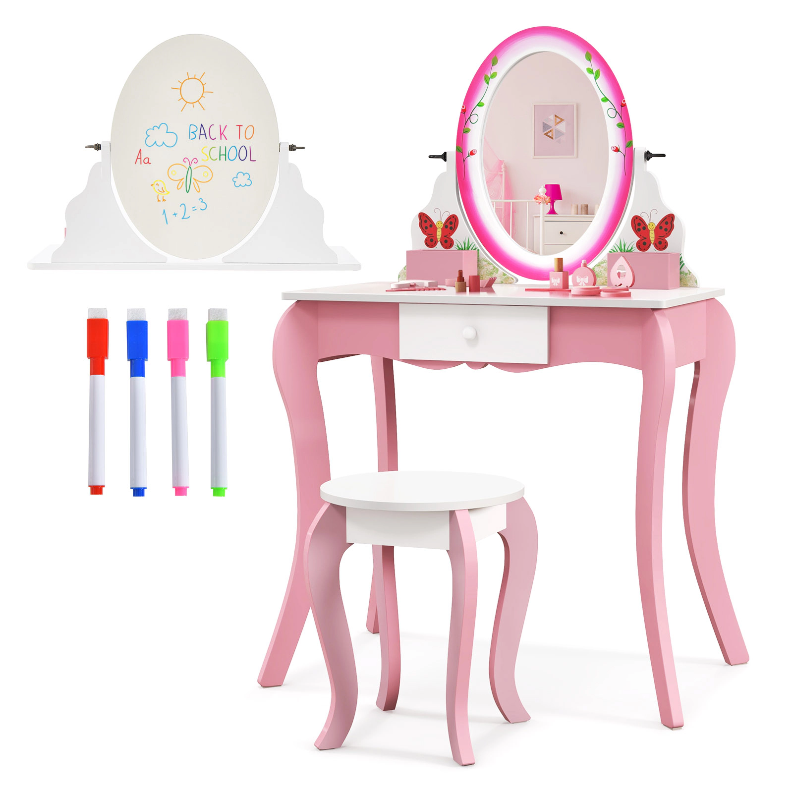 SUGIFT Kids 360-Degree Rotating Mirror Whiteboard Vanity Table and Stool Set 27-in x 16.5-in x 39.5-in 154-lb Pink