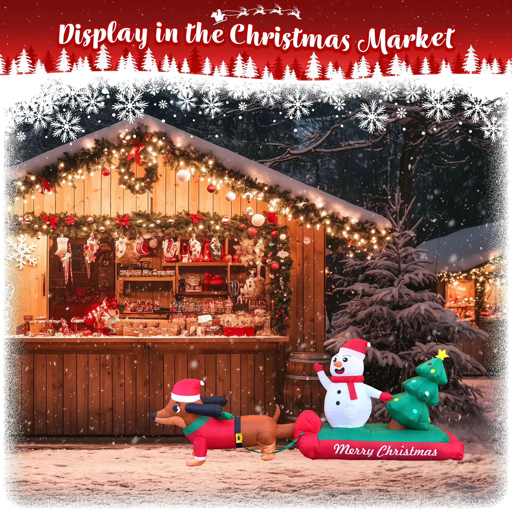 G128 10 ft Dachshund Santa Sled Inflatable with Snowman & Tree, LED Outdoor Decor