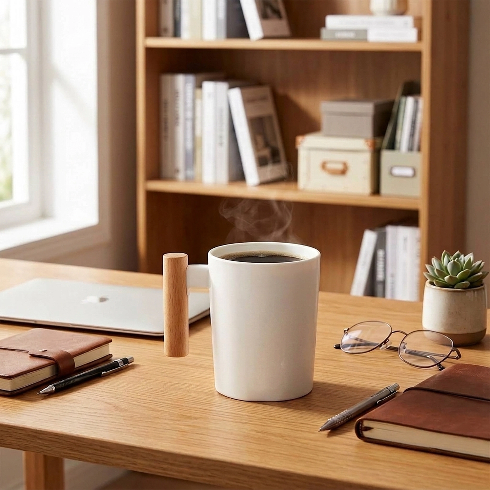 SUGIFT Wooden Handle White Mug 12.1 by 9.1 by 10.9 cm with Individual Glossy White Box and 24 per Case