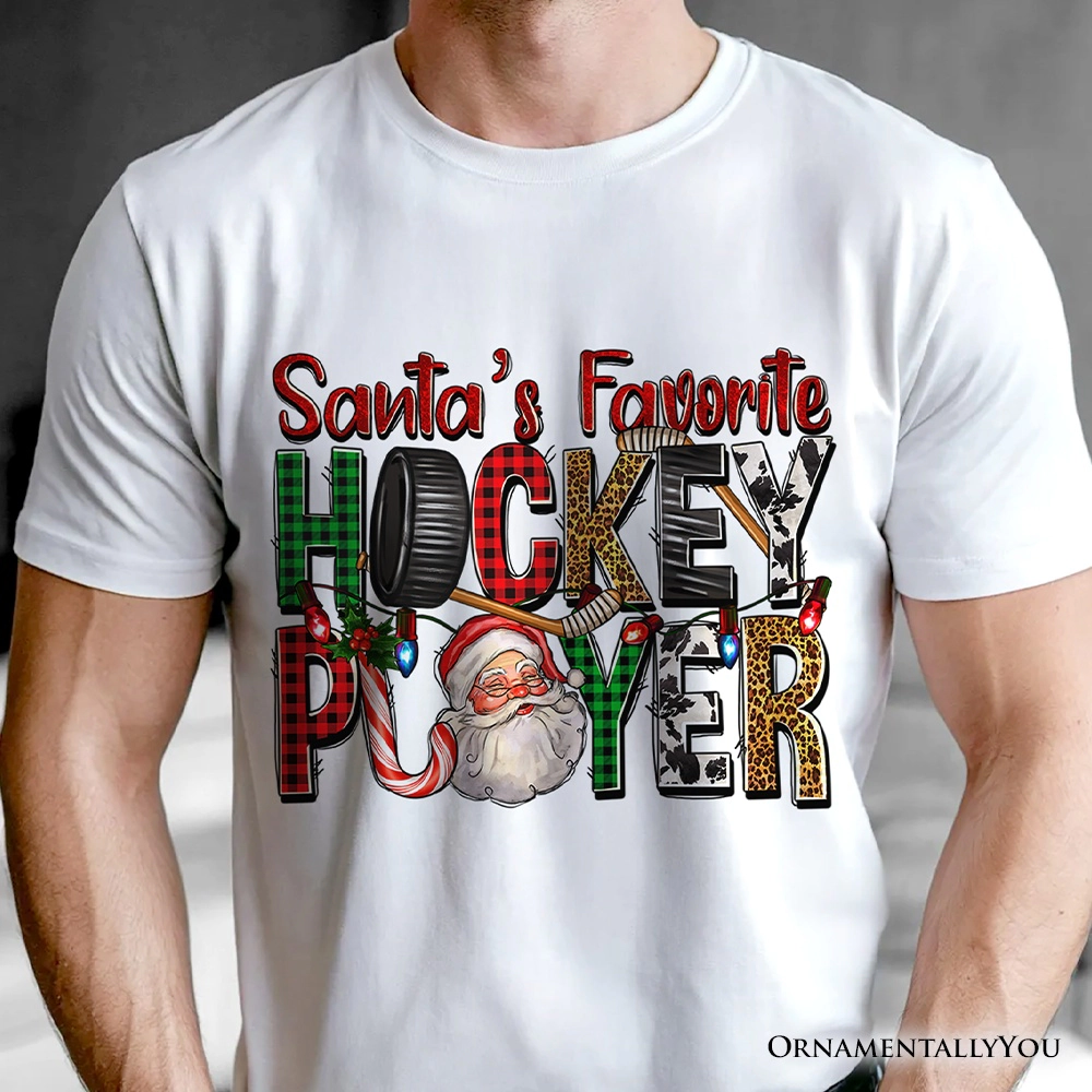 OrnamentallyYou Mens Santa's Favorite Hockey Player Plaid Christmas T-Shirt
