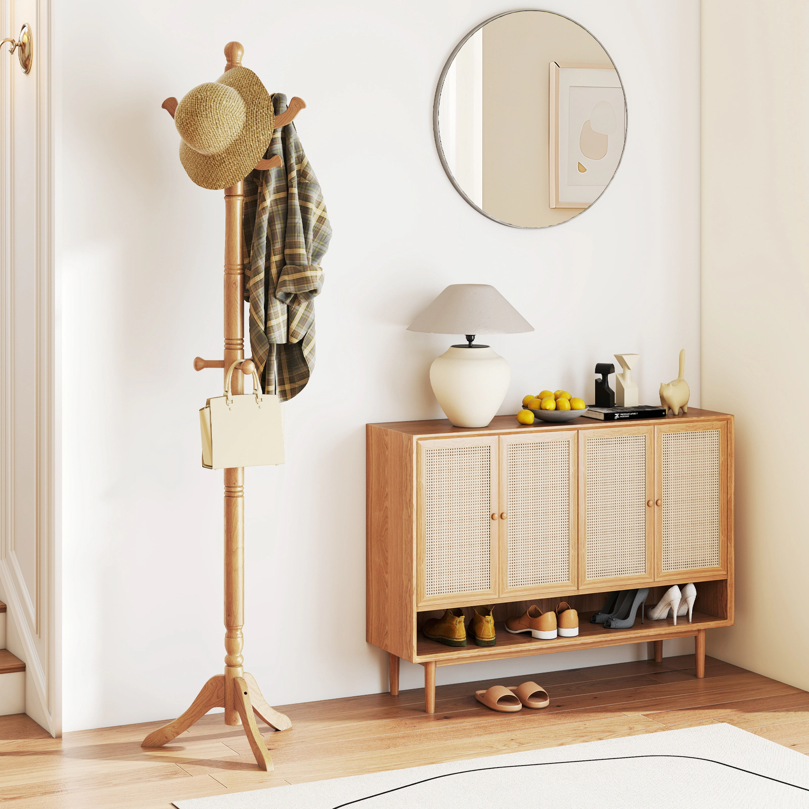 SUGIFT Solid Wood Hall Tree 11 Hooks & 3 Height Options Coat Rack 11-lb Capacity Per Hook 72-in Tall Natural Rubber Wood