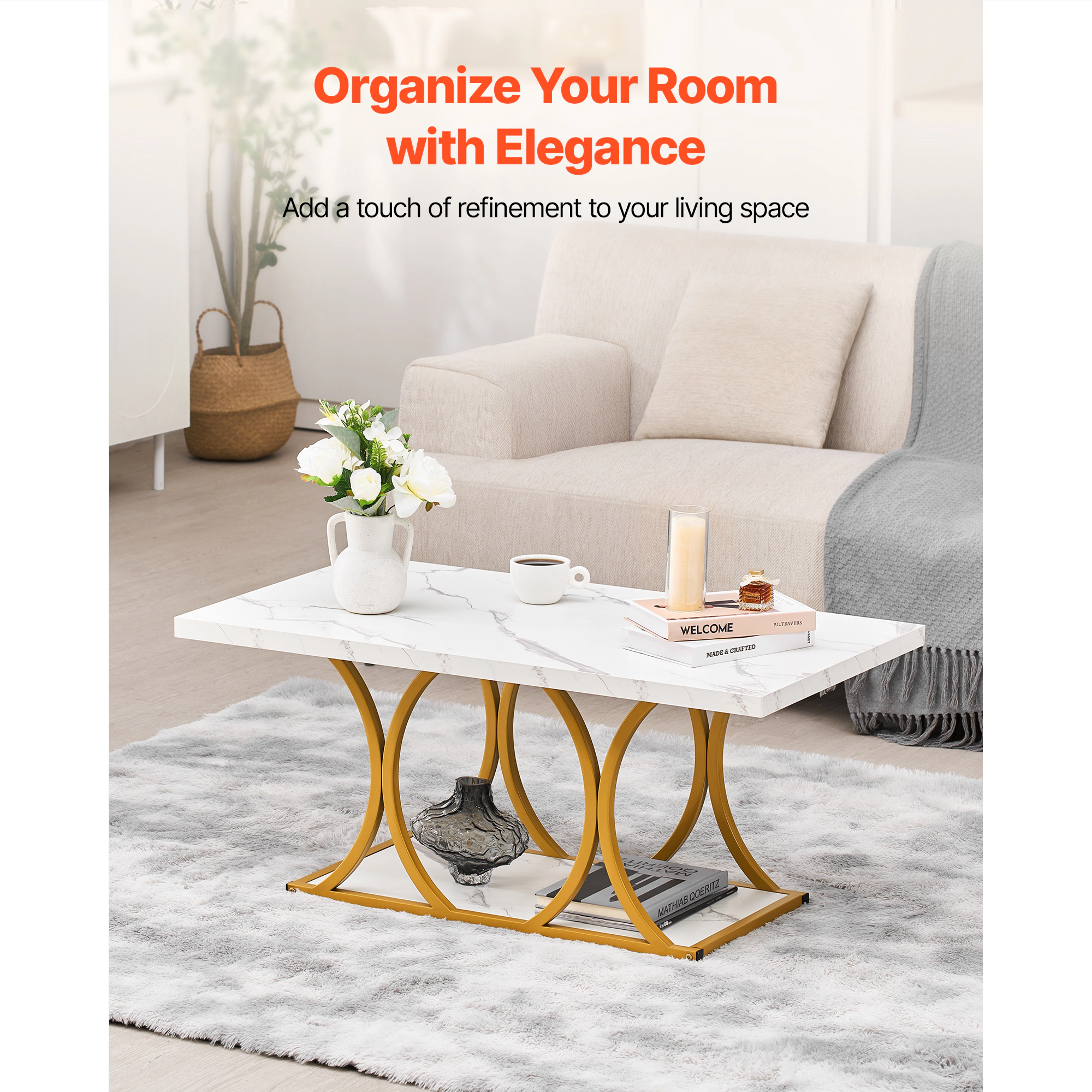 HONGGE Coffee Table Modern Faux Marble Coffee Table 2-Tier Rectangle Center Desk with Geometric Legs Minimalist Sturdy