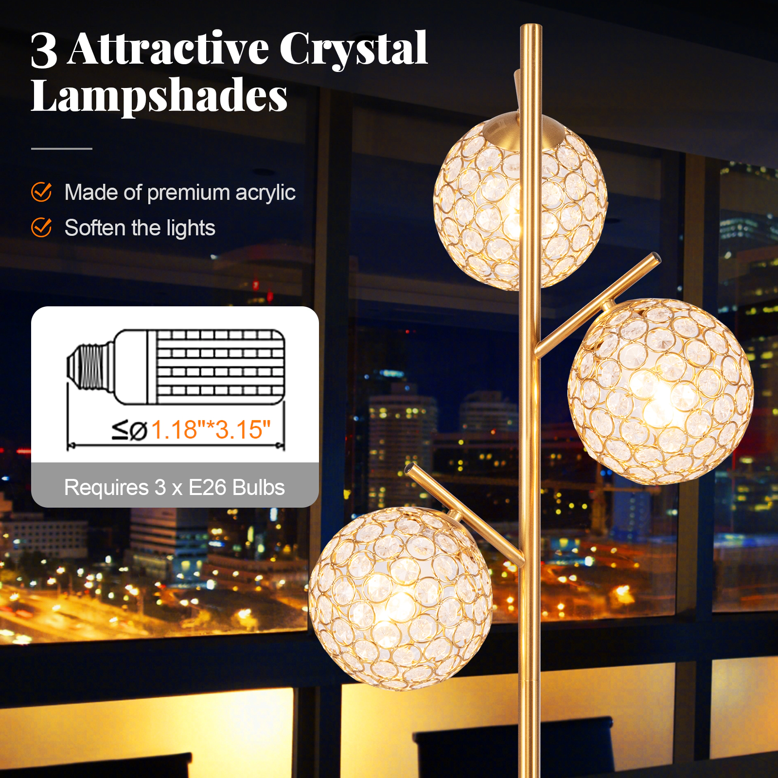 SlickBlue 3 Globe Floor Lamp with 3 E26 Bulb Bases Foot Switch