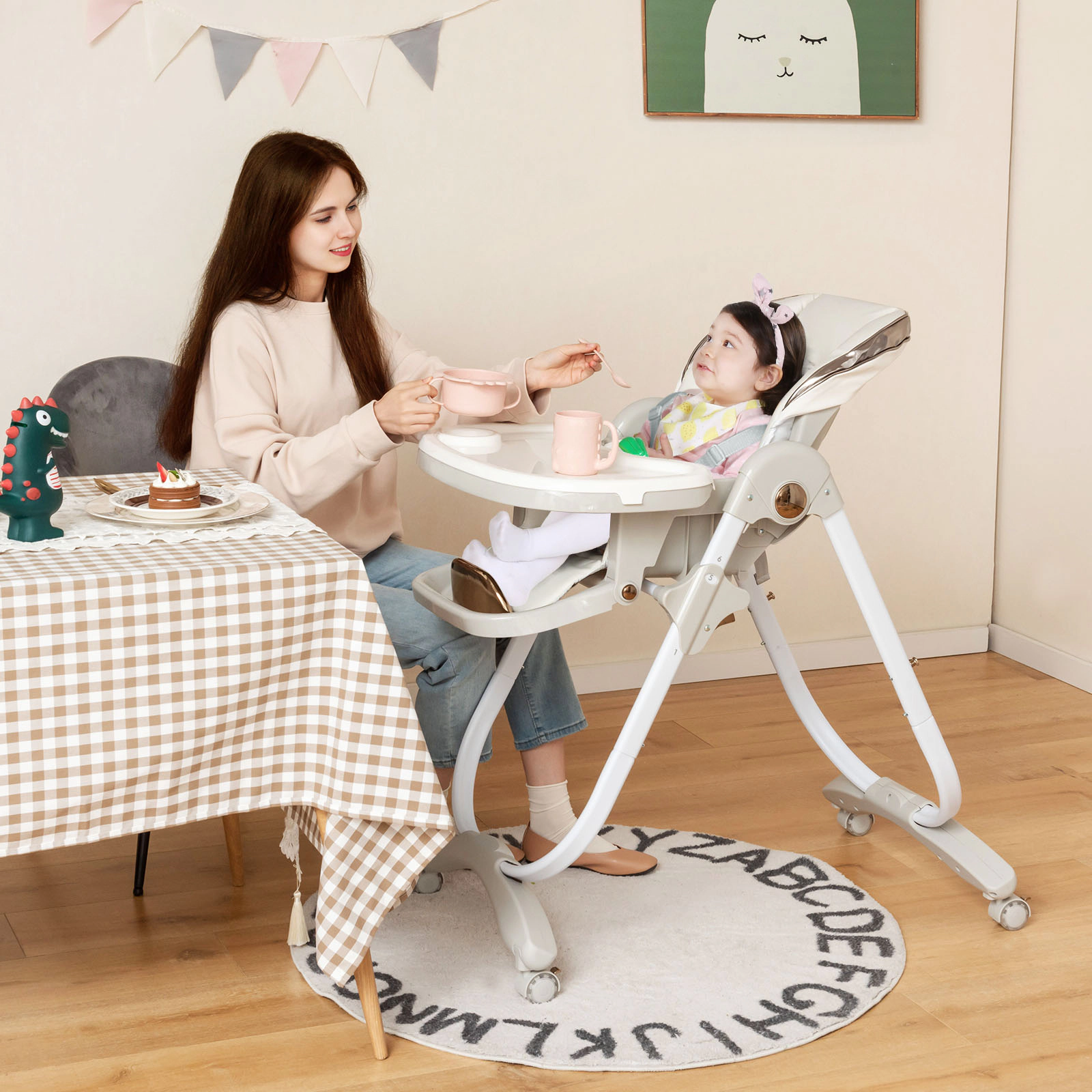 SUGIFT Folding Baby Dining High Chair with Adjustable Height and Recline 50-lb Capacity Ages 6 Months-3 Years Gray