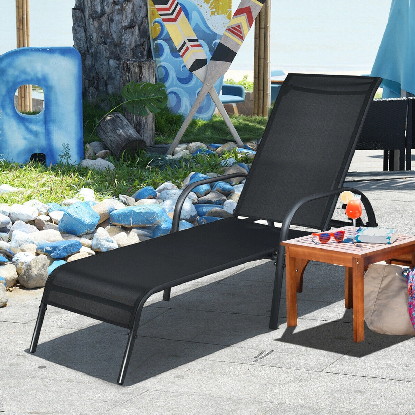 SUGIFT Adjustable Folding Patio Chaise Lounge, 5-Position Backrest, Black