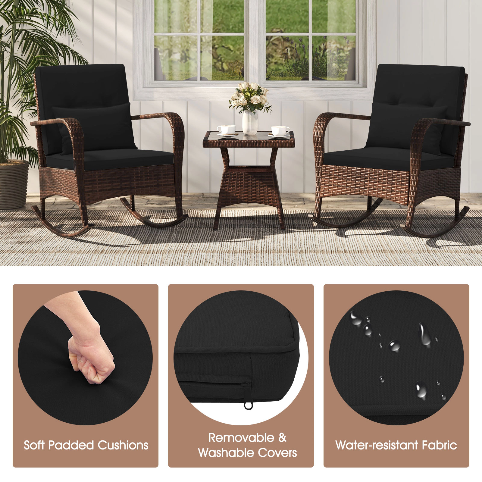 Hivvago 3 Piece Outdoor Rocking Set with Tempered Glass Coffee Table for Backyard Poolside