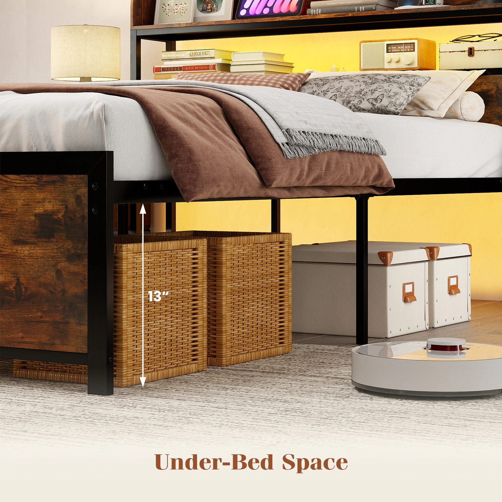 SUGIFT LED Storage Headboard Bed Frame with Power Outlets Full Size 1000-lb Capacity Rustic Brown