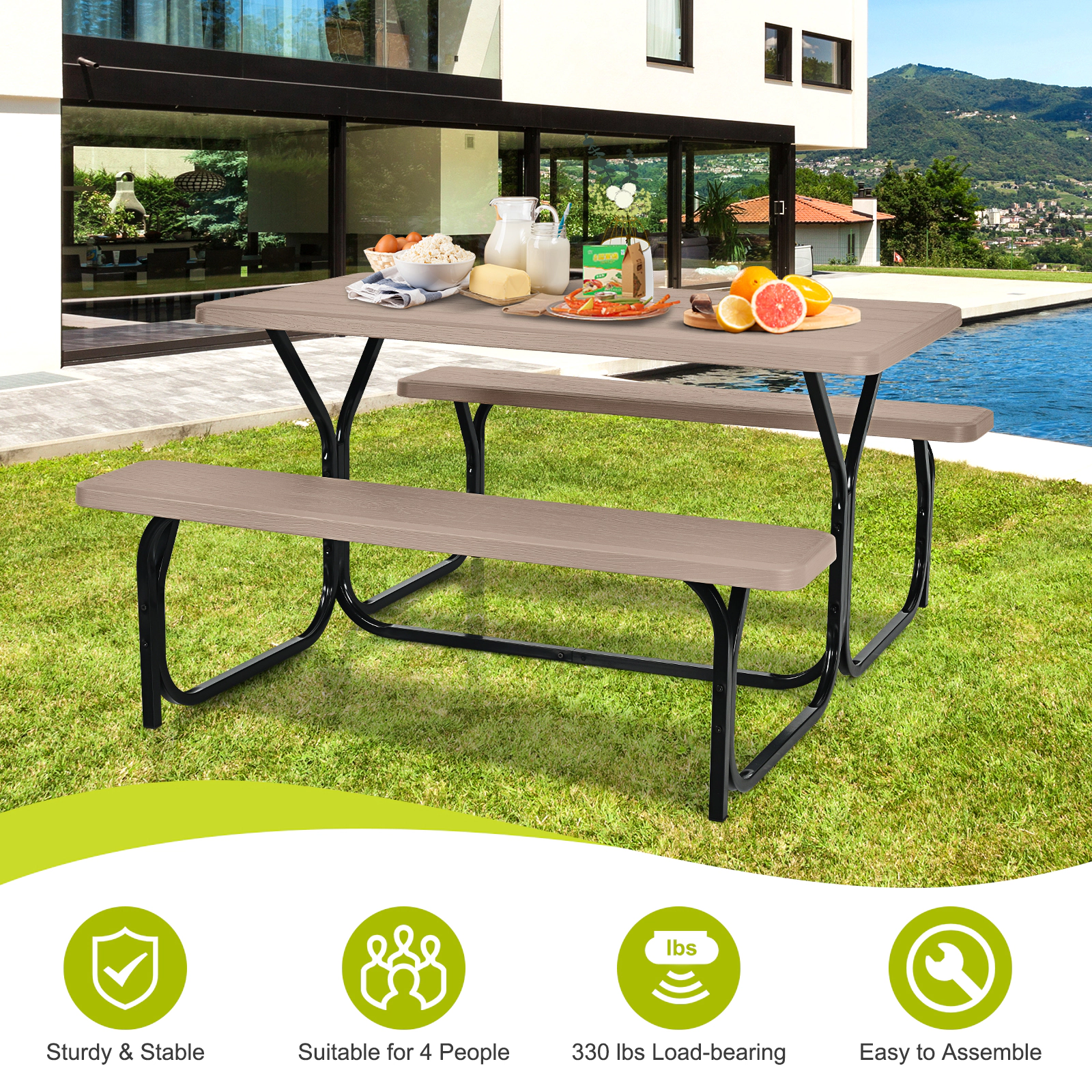SUGIFT Outdoor Picnic Table Bench Set Coffee HDPE Wood-Look Top with Metal Base