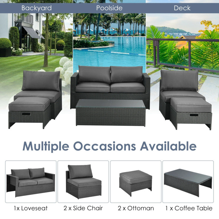 Hivvago 6 Pieces Patio Rattan Furniture Set With Glass Table And Cushioned Seat