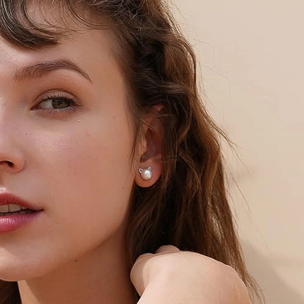Wardrobe Whimsy Dainty Cat Ear Imitation Pearl Stud Earrings Cute Animal Theme Jewelry