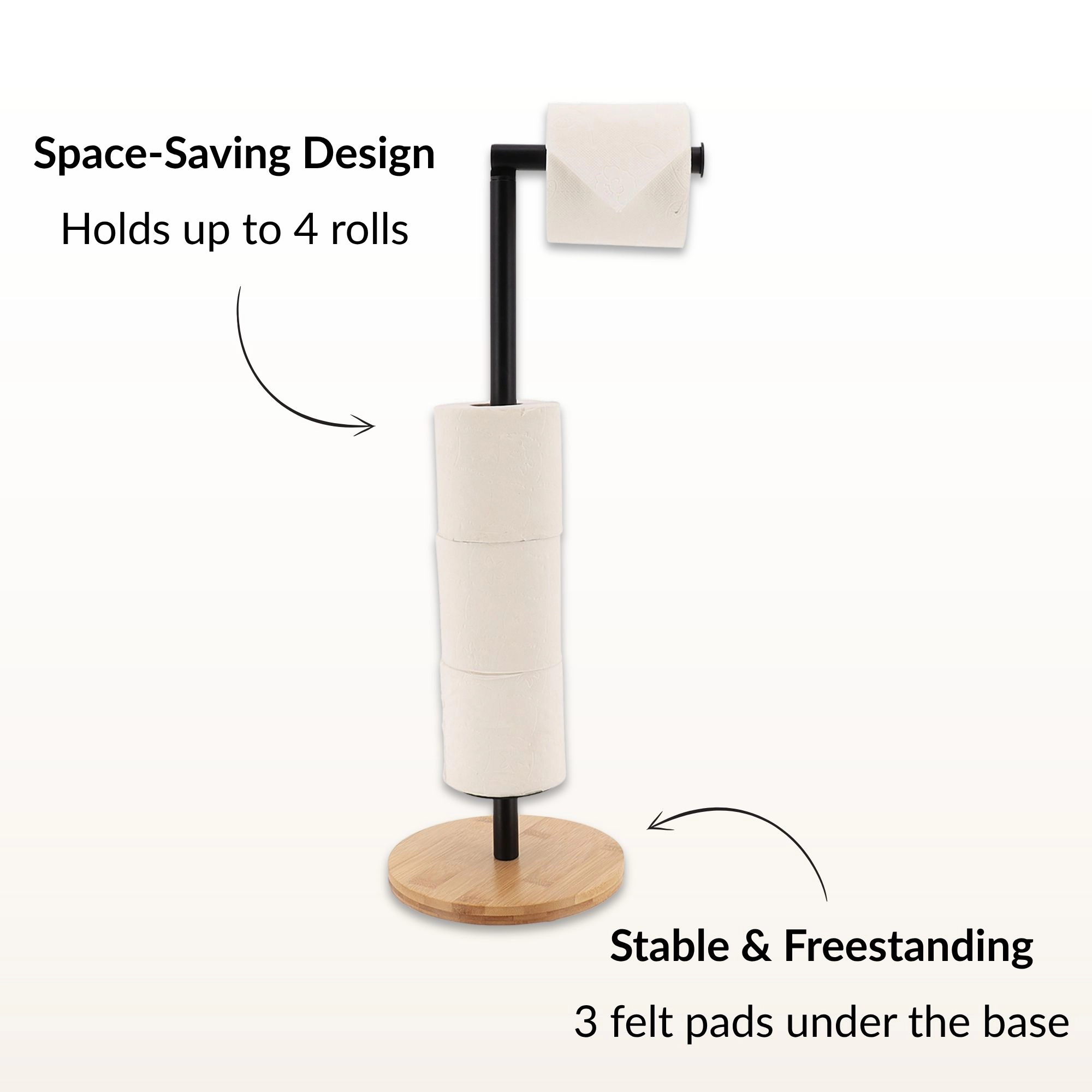 Evideco French Home Goods freestanding toilet paper stand with bamboo base, matte black swivel arm, 21.5 in