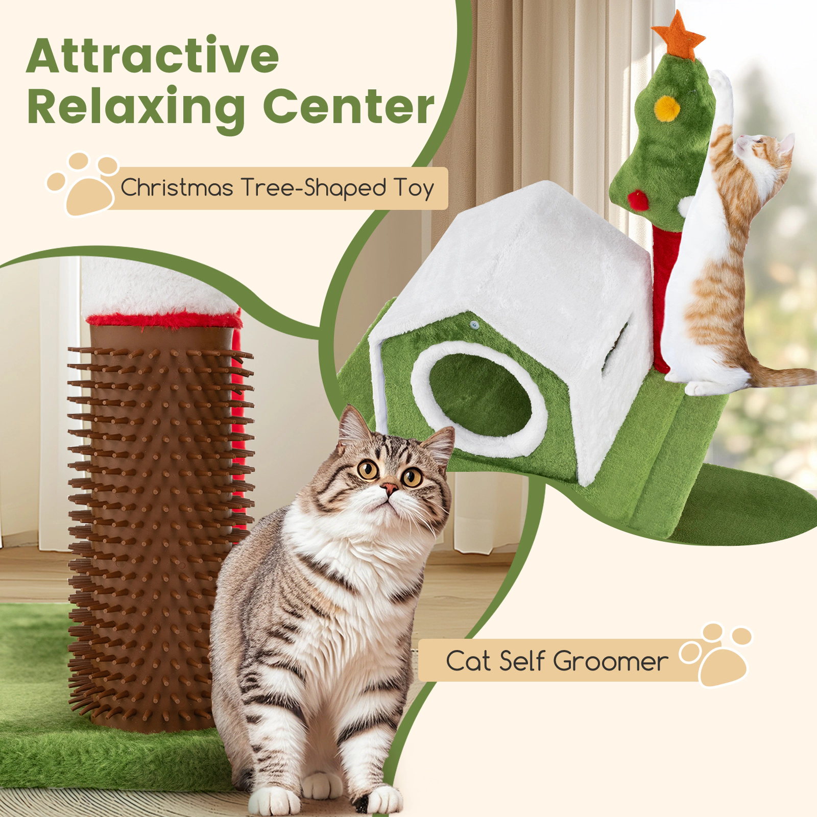 SUGIFT 58-in Tall Multi-Level Cat Tree Tower Furniture with Condos, Cat Basket & Self-Groomer 38-lb Capacity Multi-color